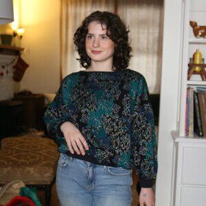 Retro Vintage Blue Green Floral Medium Sized Sweater